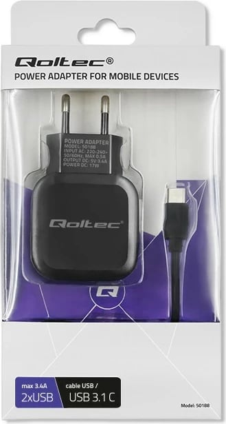 Karikues muri Qoltec 50188, 17W, 2xUSB + kabllo USB Type-C, i zi
