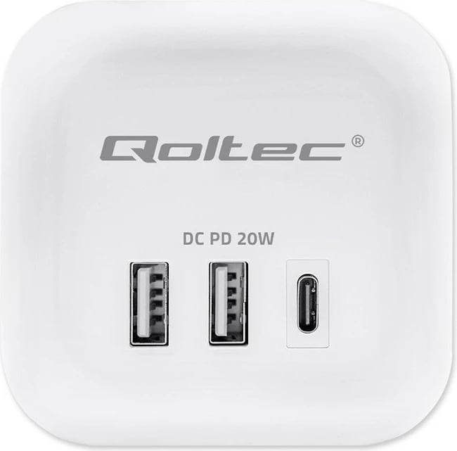 Kasë Qoltec 52547, 3x AC, 2x USB, 1x USB-C PD 20W, 2m, Bardhë