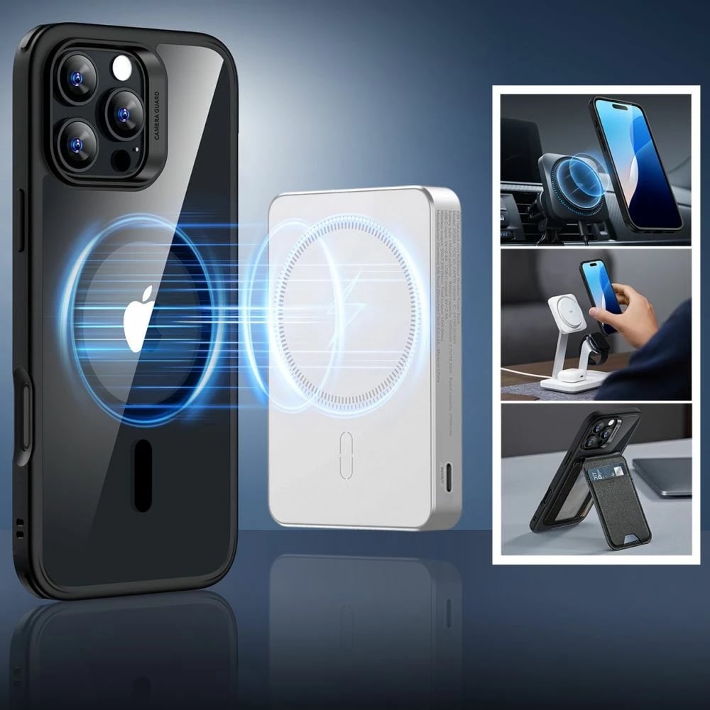 Mbështjellës ESR Classic Hybrid HaloLock me MagSafe + xham i temperuar për iPhone 16 Pro Max, Transparent me kornizë të zezë