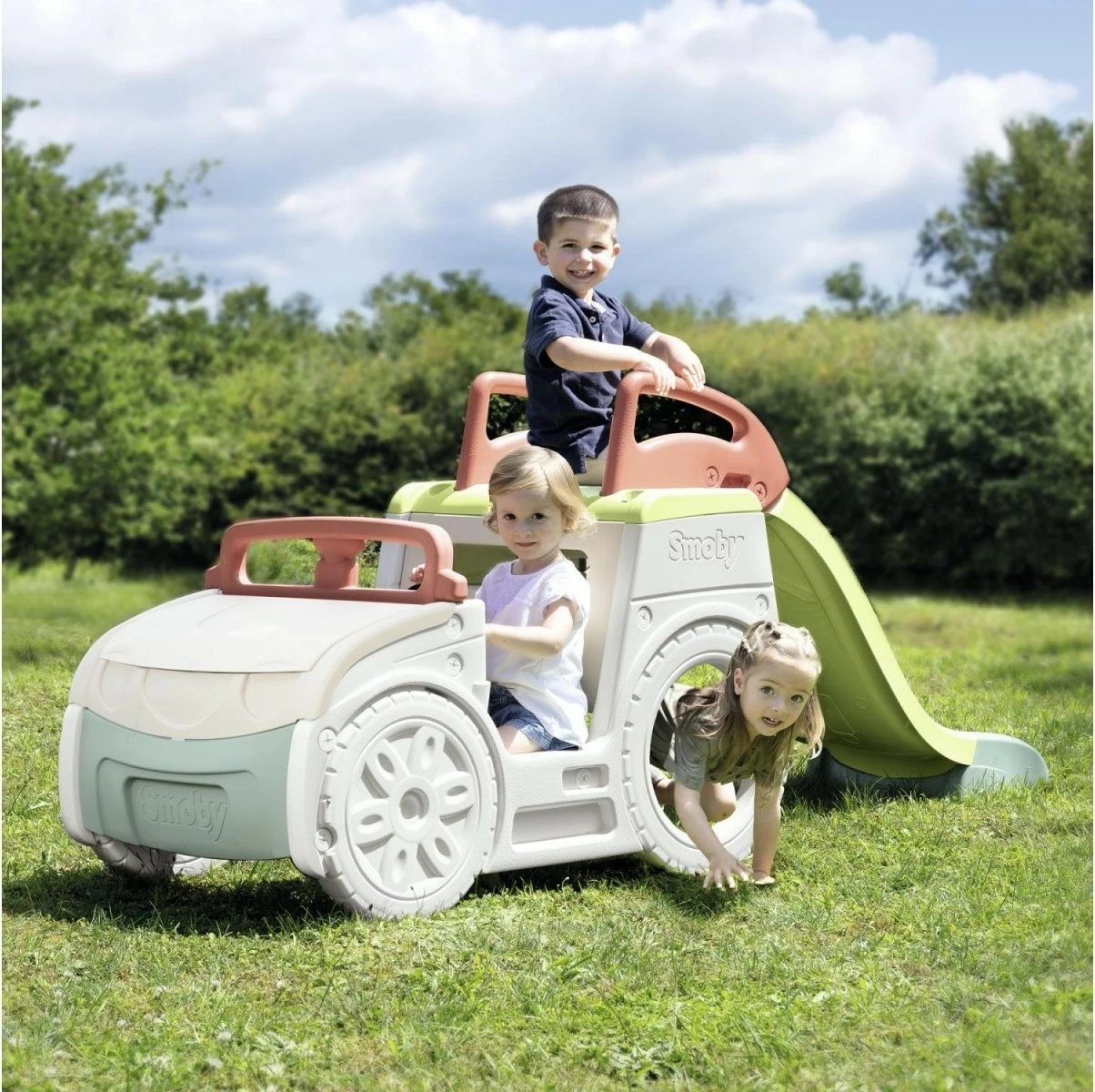 Lodër kopshti Smoby Adventure Car, plastikë e ricikluar, me rrëshqitëse, kafe/krem/gri/jeshile