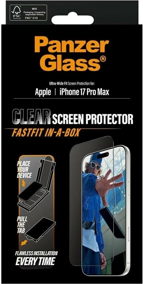 Xham mbrojtës PanzerGlass Ultra-Wide Fit Fastfit për iPhone 17 Pro Max transparent