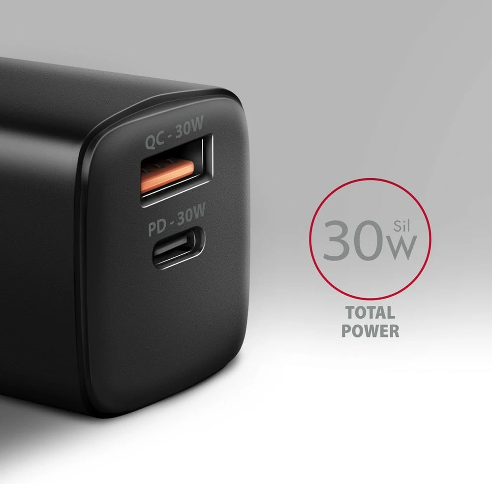 Mbushës muri AXAGON ACU-PQ30, 30W, 2 porta (USB-A QC3.0/4.0 + USB-C PD3.0), i zi