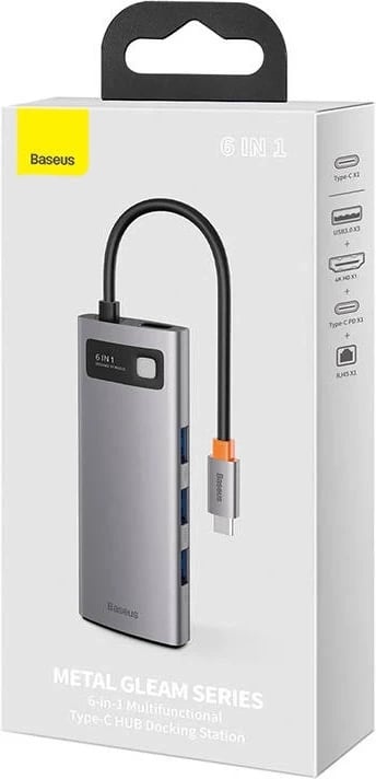 Kasë Baseus Metal Gleam Series CAHUB-CW0G, 6-në-1, USB-C në 3x USB 3.0 + HDMI + USB-C PD + Ethernet RJ45, Gri