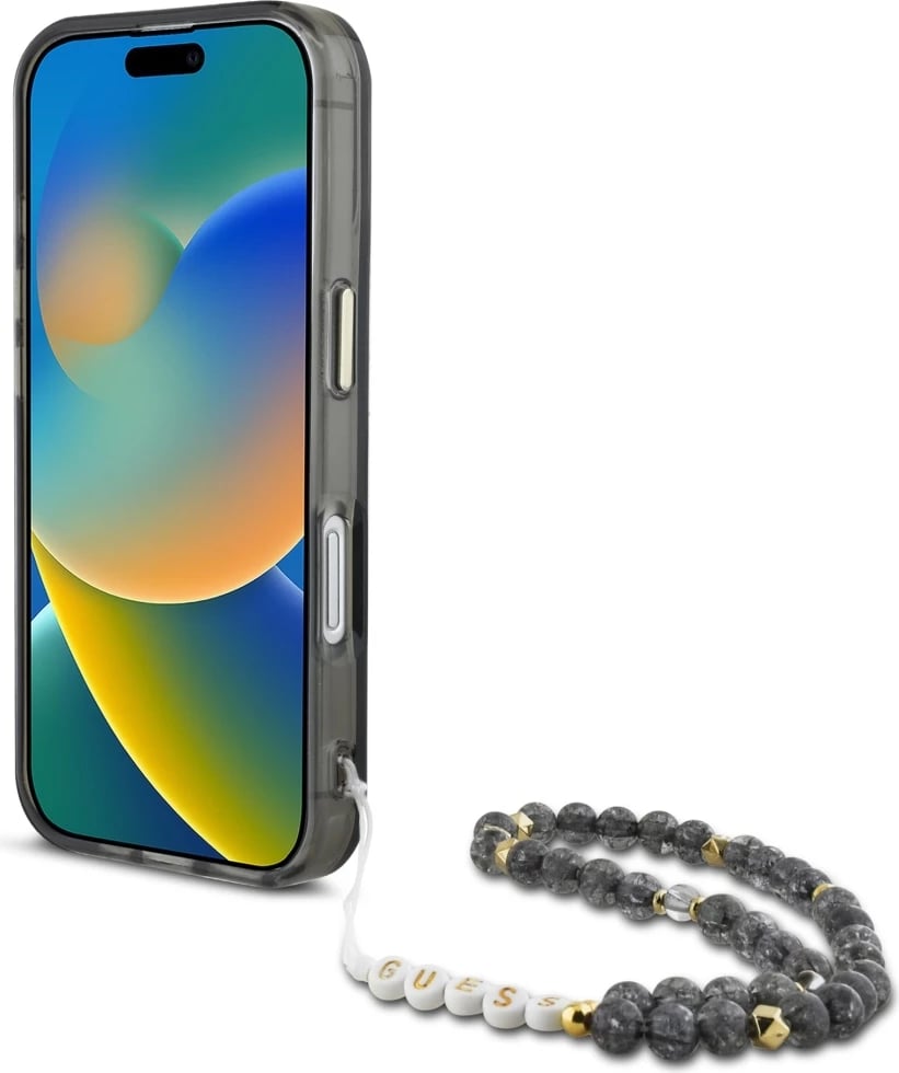Mbështjellës Guess Palm Trees Triangle Pearl Strap MagSafe për iPhone 16, i zi