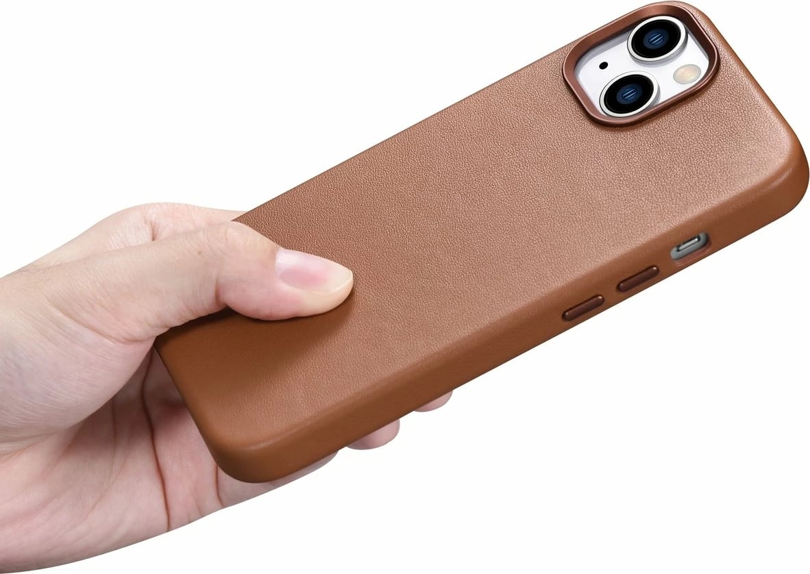 Mbështjellës iCarer për iPhone 14, lëkurë natyrale, MagSafe, Kafe