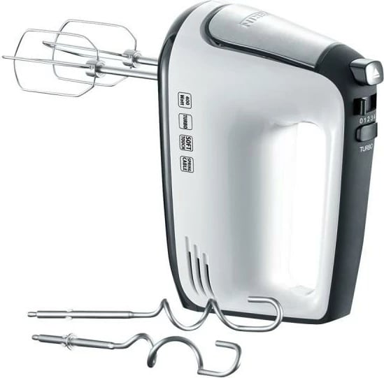 Mikser dore Severin HM 3830, 5 shpejtësi, turbo, sete rrahës + grepë brumi, inoks, bardh e zi