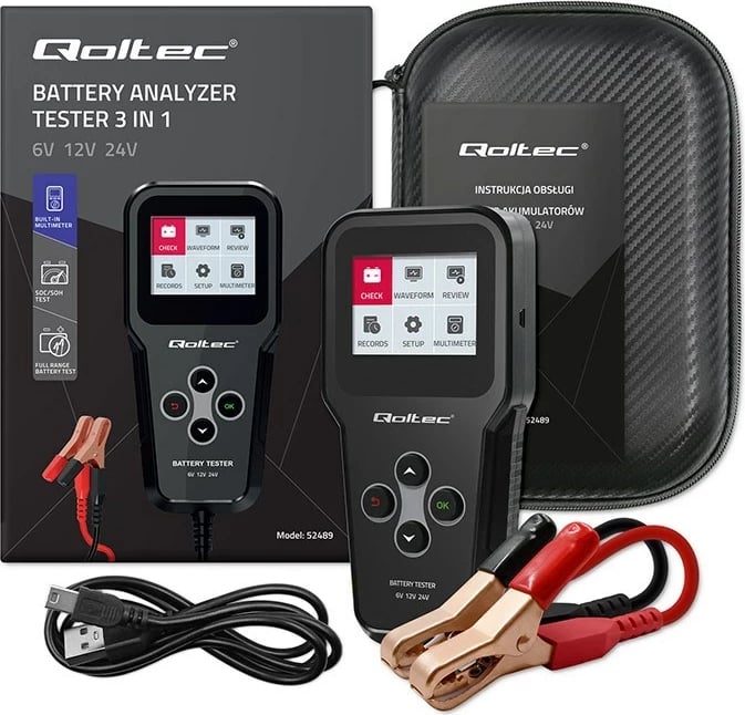 Analizues baterie Qoltec 52489, digjital, 3-në-1, LCD, 6V/12V/24V