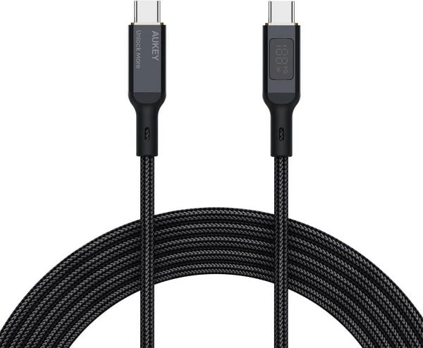 Kabllo USB-C në USB-C AUKEY CB-MCC102, 1.8m, LED, 100W PD, E zezë