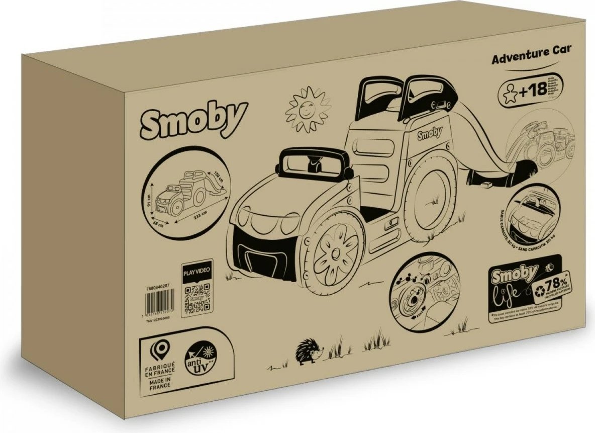 Lodër kopshti Smoby Adventure Car, plastikë e ricikluar, me rrëshqitëse, kafe/krem/gri/jeshile