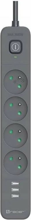 Prizë me mbrojtje Tracer Power Line+ TRALIS47027, 4 dalje + 3x USB A, 1.5m, Grafit