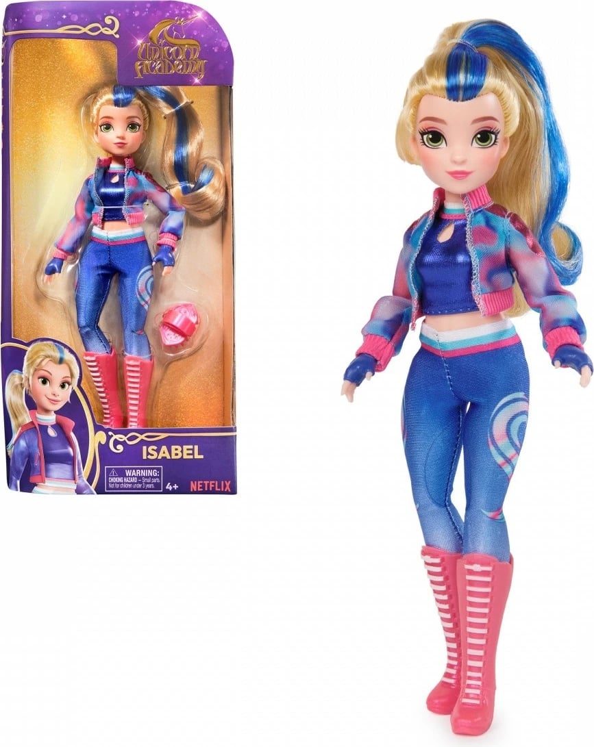 Kukull Unicorn Academy Spin Master Isabel 23 cm, me flokë blu, me 5 aksesorë