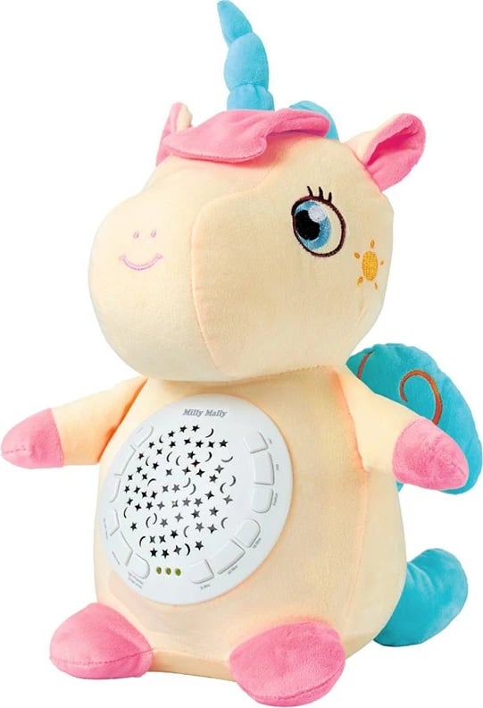 lodër pelushi me projektor, Milly Mally njëbrirësh, 10 ninulla, 5 zhurma të bardha, kohëmatës 30/60/90 min, 7 konfigurime drite, 3xAA, e verdhë