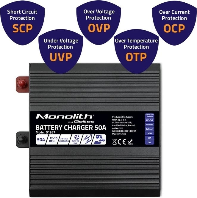 Karikues Qoltec Smart Monolith 50A për bateri LiFePO4 AGM GEL SLA