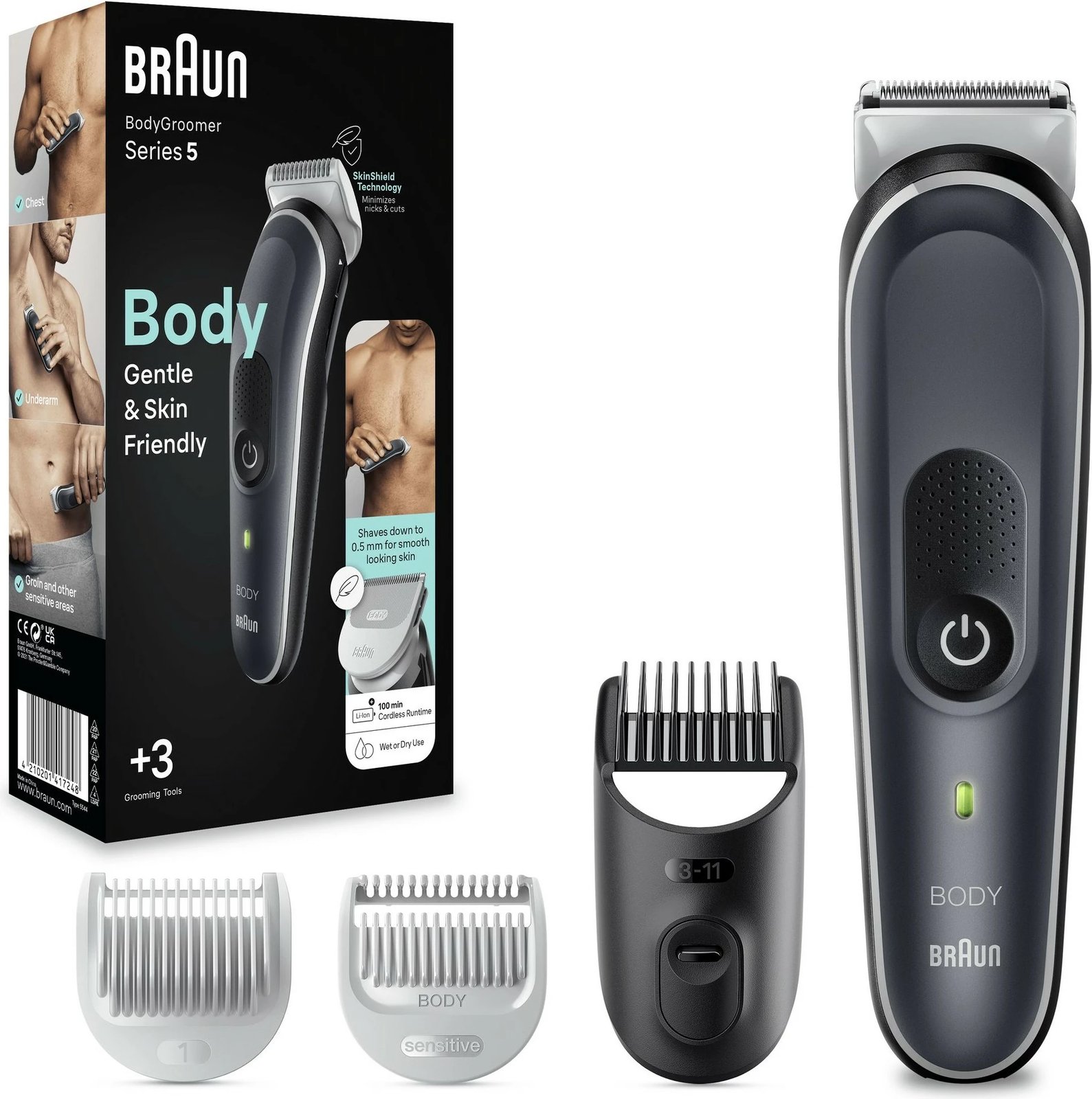 Body groomer Braun BG5350, SkinShield, 2 koka, Wet & Dry, zi, argjendtë