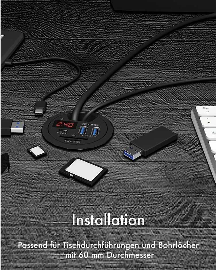 USB hub ICY BOX IB-HUB1404, 2 porta USB 3.0, Type-C, lexues kartelash, e zezë