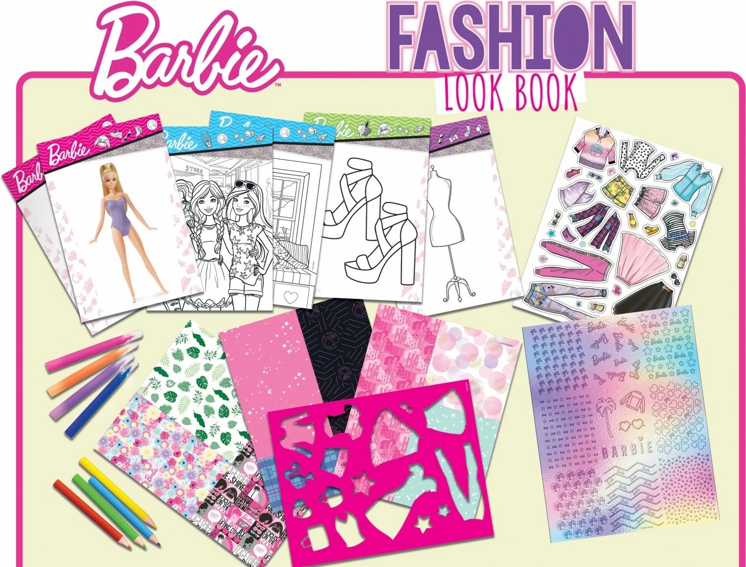 Fletore vizatimi Barbie Lisciani, Fashion Look Book, për vajza, me ngjitëse dhe shabllone