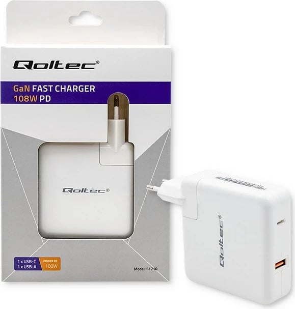 Karikues Qoltec GaN FAST 108W, USB C, Bardhë