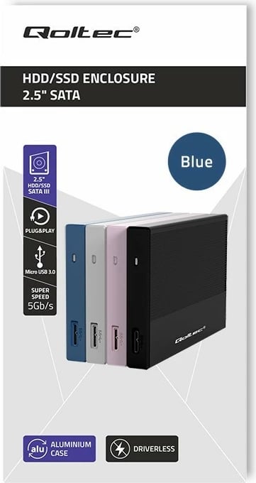Kasë Qoltec 52276 për SSD/HDD 2.5", USB 3.0, 2TB, Blu