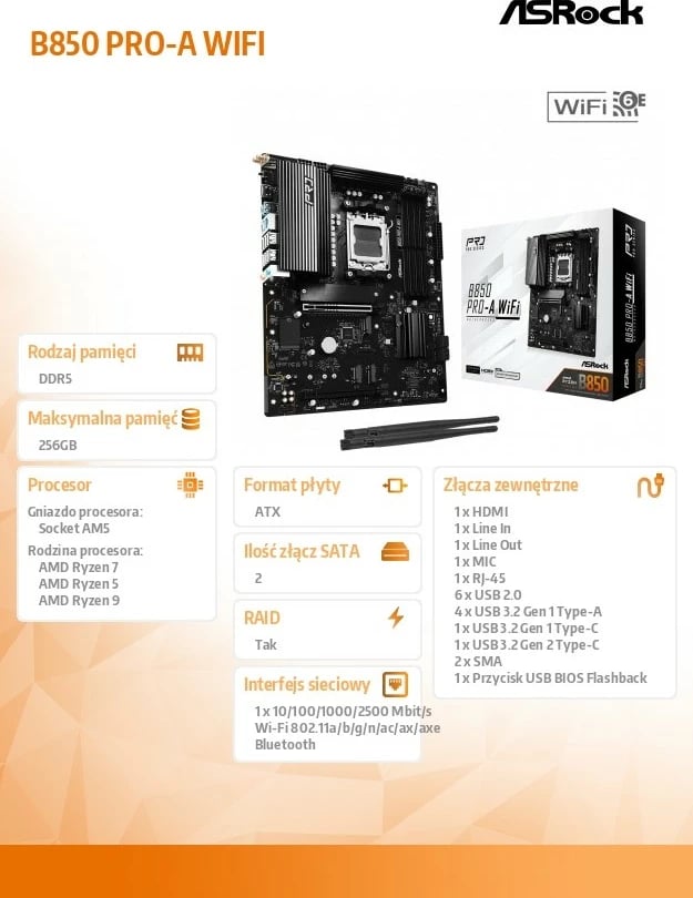 Pllakë amë ASRock B850 PRO-A WIFI, ATX, Socket AM5, DDR5, WiFi 6E