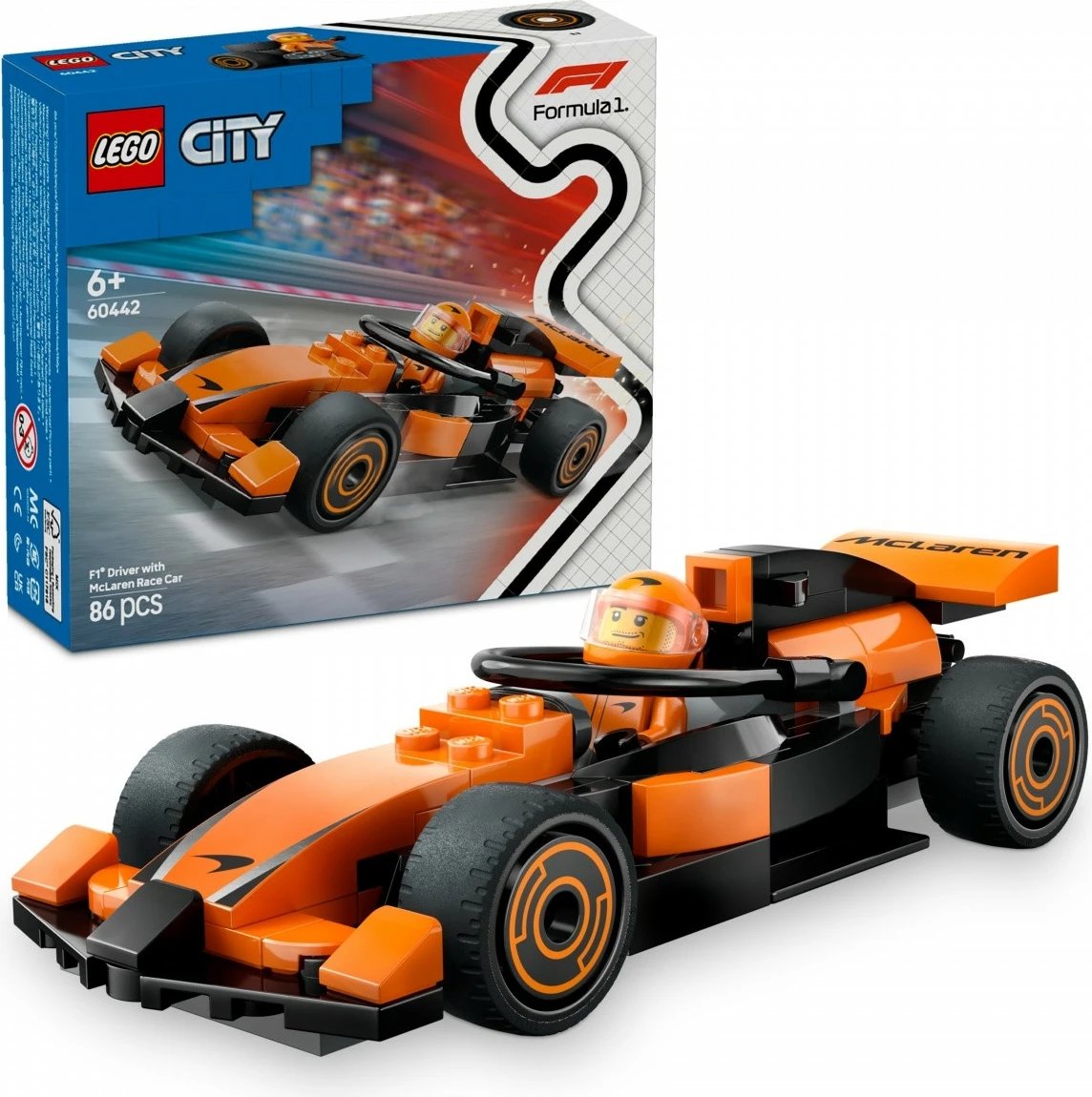 Set LEGO City 60442 F1 Driver me makinë McLaren, 86 pjesë, portokalli