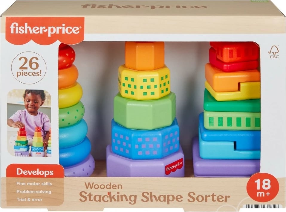 Lodër edukative prej druri Fisher Price HXT76, piramidë për renditje formash, shumëngjyrëshe, 25 pjesë