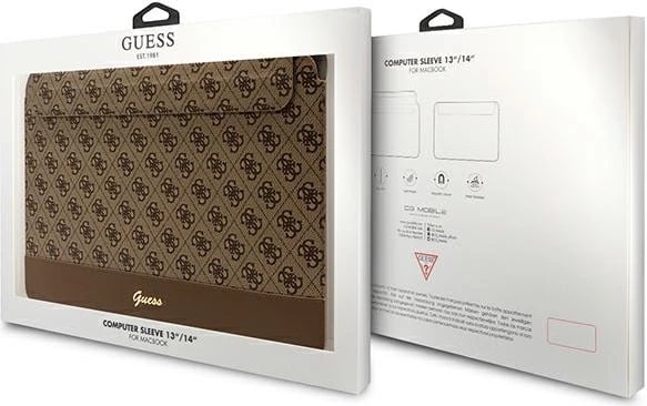 Mbështjellës laptopi Guess 4G Stripe Metal Logo, deri 14", kafe