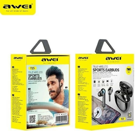 Kufje wireless AWEI T15P, Bluetooth 5.0, me mikrofon, të zeza, me kuti karikimi
