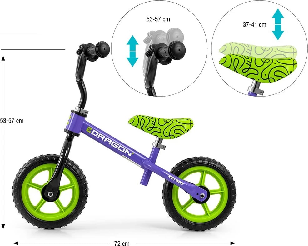 Biçikletë pa pedale, Milly Mally Dragon, rrota shkumë 10", kornizë çelik e lehtë, zile, lartësi e rregullueshme, vjollcë
