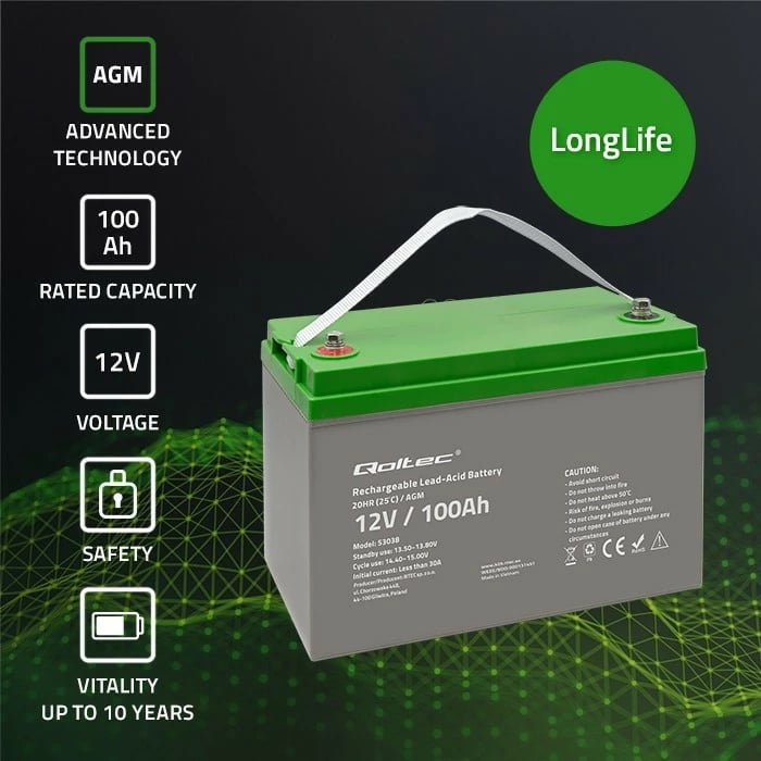 Bateri AGM Qoltec 53038, 12V, 100Ah, Gri/Gjelbër