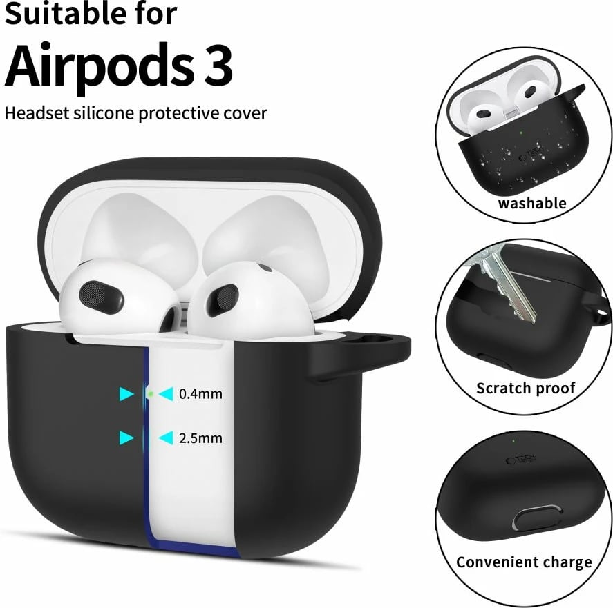 Mbështjellës Tech-Protect për AirPods 3, silikon, me karabinë, i zi Mbështjellës Tech-Protect për AirPods 3, silikon, me karabinë, i zi