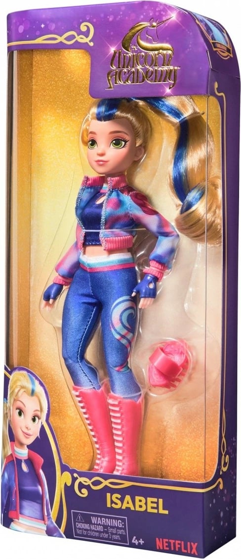 Kukull Unicorn Academy Spin Master Isabel 23 cm, me flokë blu, me 5 aksesorë