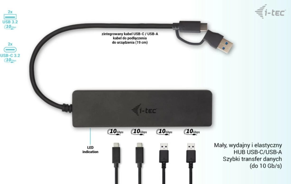 Hub USB i-tec C31HUBMETAL2A2C, 2x USB 3.0, 2x USB-C, 10 Gbps, Metal, Zi