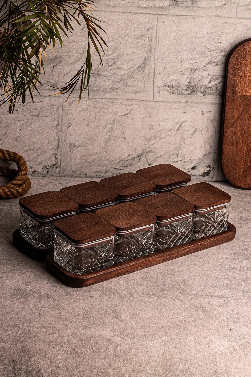Set pjatash qelqi me kapak druri, 18 pjesë, Hermia Concept, Milla Kare 10