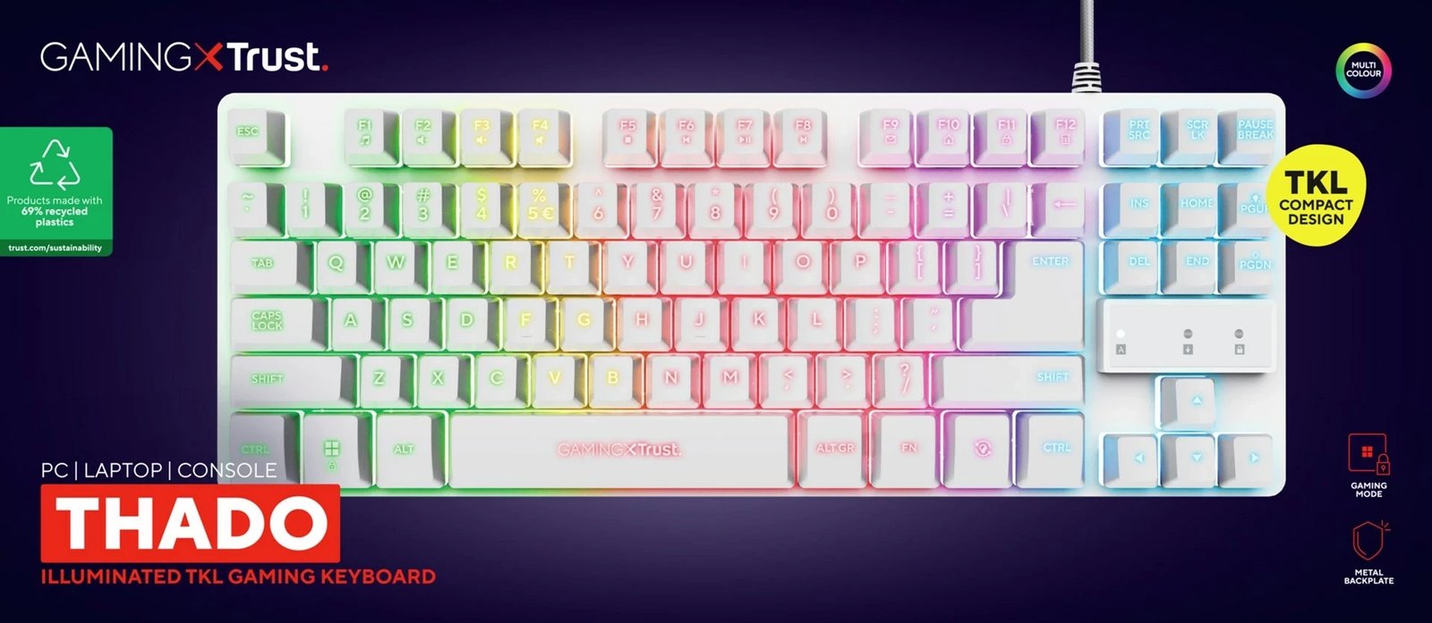 Tastierë gaming Trust GXT 833W Thado, USB, QWERTY, Anglisht, e bardhë