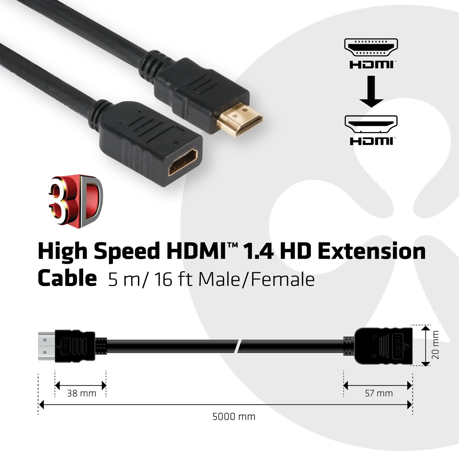 Kabllo HDMI zgjatues Club3D 5m, gold plated, e zezë