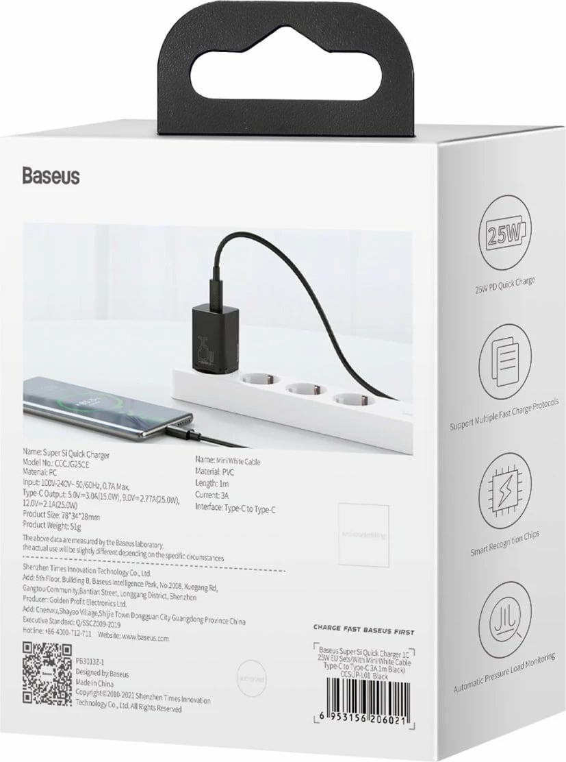 Karikues i shpejtë Baseus Super Si Quick Charger 1C 25W me kabllo USB-C në USB-C 1m, Zi