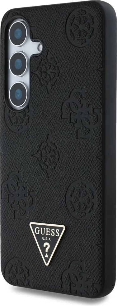 Mbështjellës Guess Grained Hot Stamp Peony Pattern Triangle Logo MagSafe për Samsung Galaxy S25, i zi