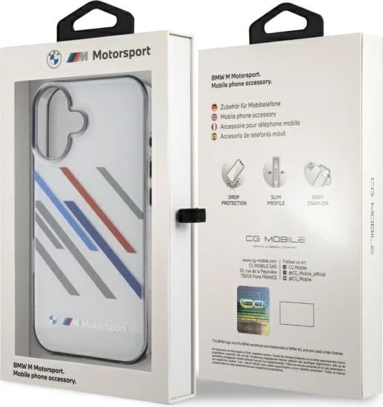 Mbështjellës BMW Motorsport IML Random Stripes për iPhone 16 Plus, Gri