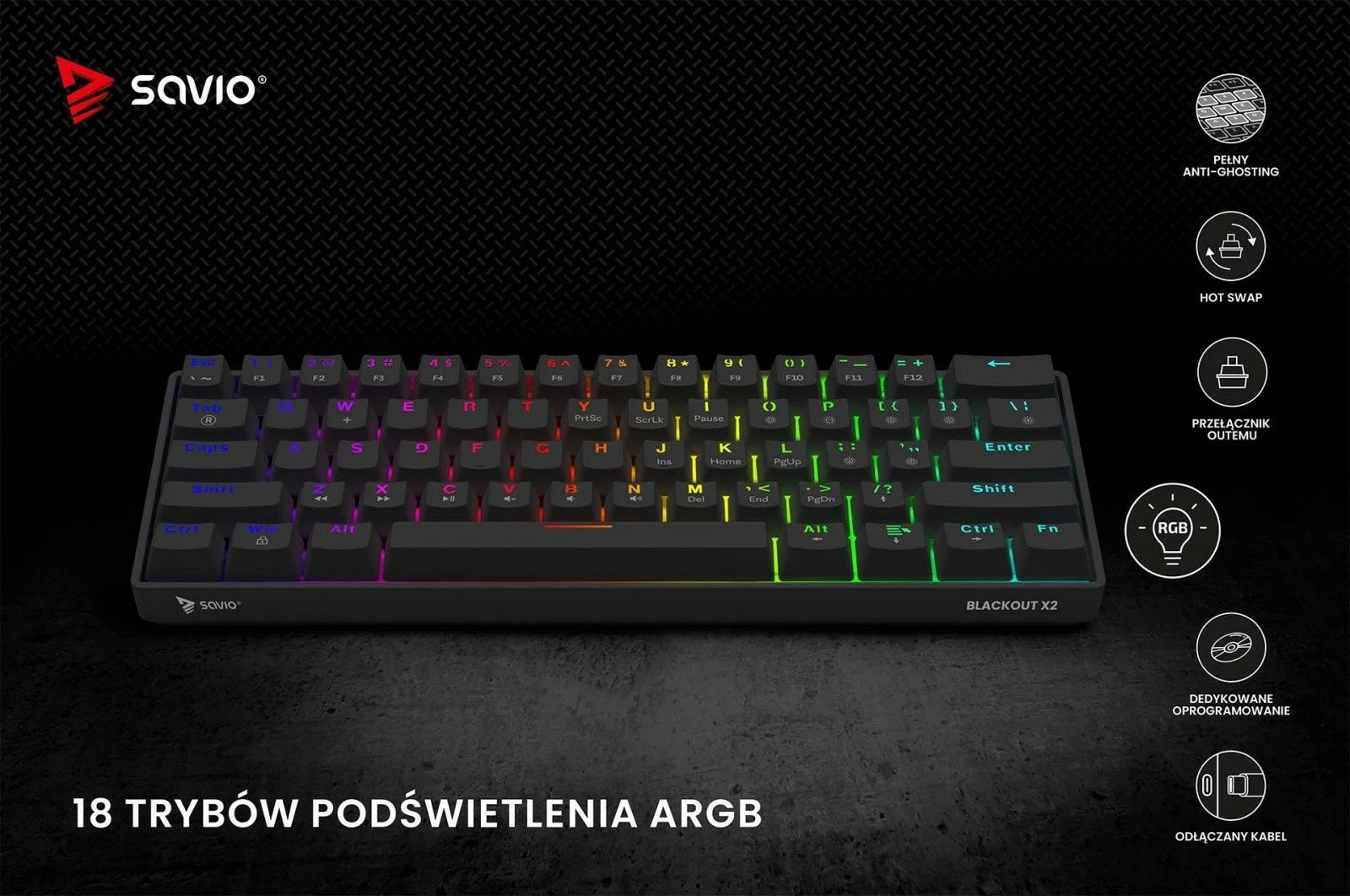 Tastierë mekanike Savio Blackout X2 OUTEMU Brown, 60%, ARGB, Hot Swap, e zezë