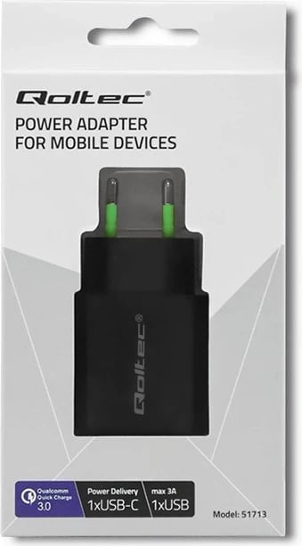 Karikuesi Qoltec 51713, 18W, USB tip C PD & USB QC 3.0, Zi