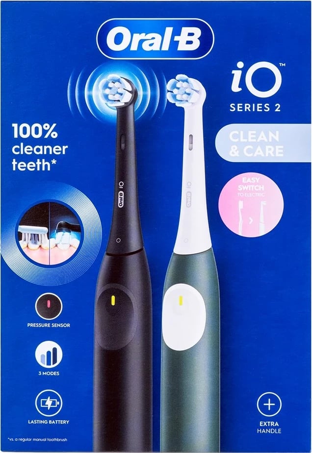 Furçë dhëmbësh elektrike Braun Oral-B iO Series 2 +1, e zezë dhe e gjelbër, set prej 2 copë