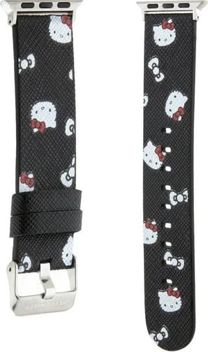Rrip për Apple Watch Hello Kitty Heads & Bows Pattern, lëkurë ekologjike, i zi, 38/40/41mm