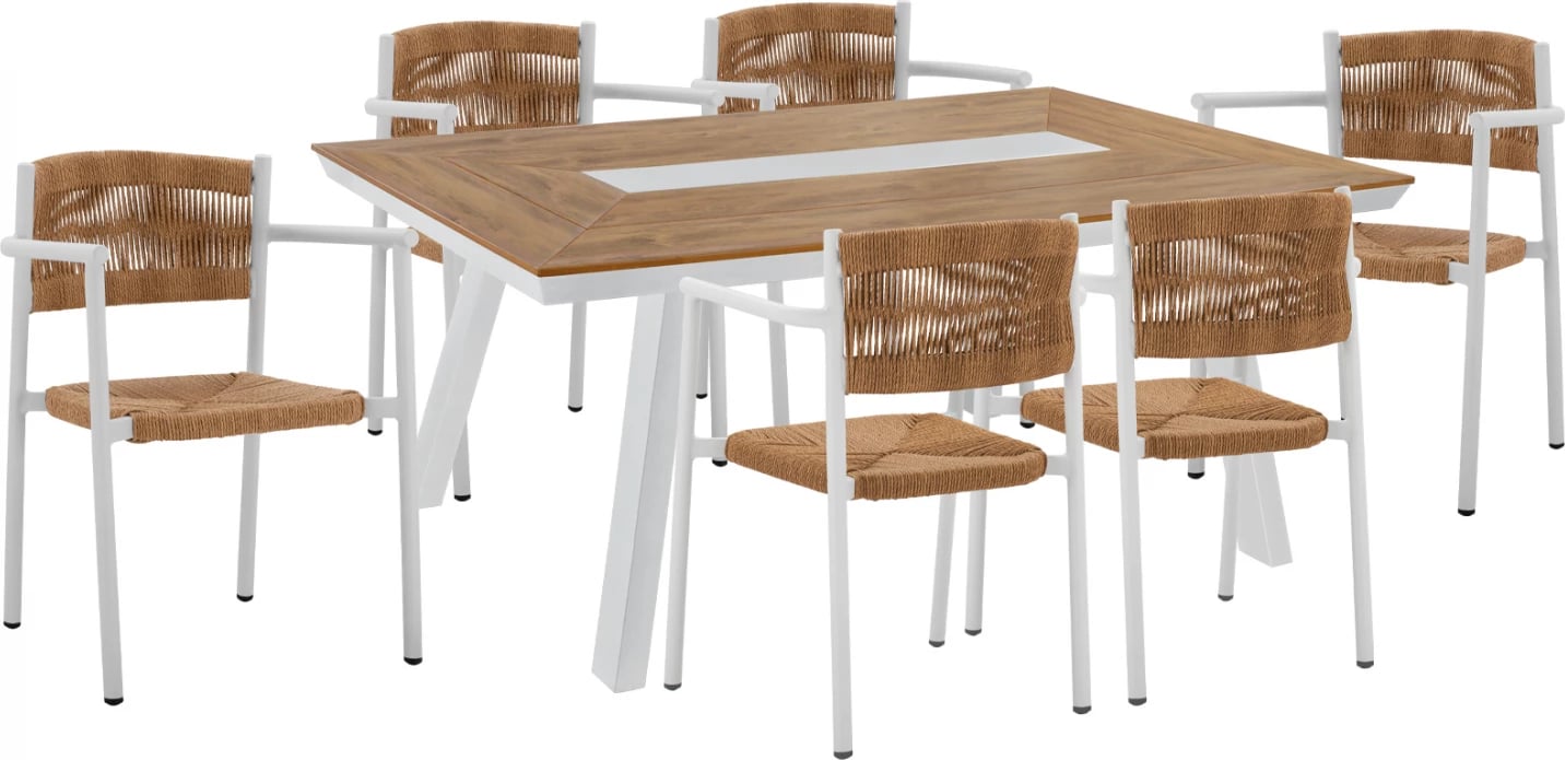 Set tavoline me 7 pjesë me sipërfaqe tavoline polywood 200x94 dhe karrige alumini të bardha FH11424