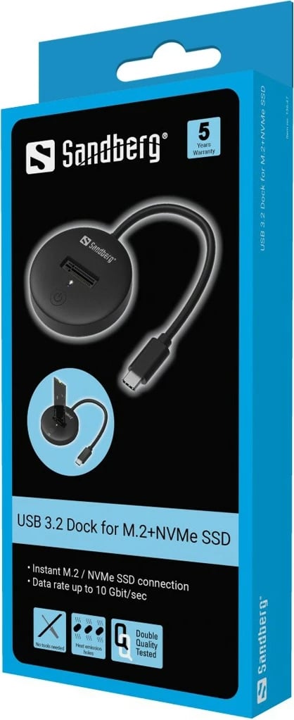 Dock USB 3.2 Sandberg për SSD M.2+NVMe, 4 TB, USB Type-C, e zezë