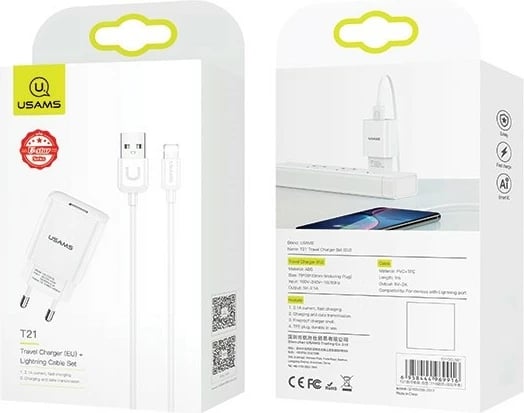 Karikues muri USAMS T21 me 1xUSB, kabllo Lightning 1m, 2.1A, Bardhë