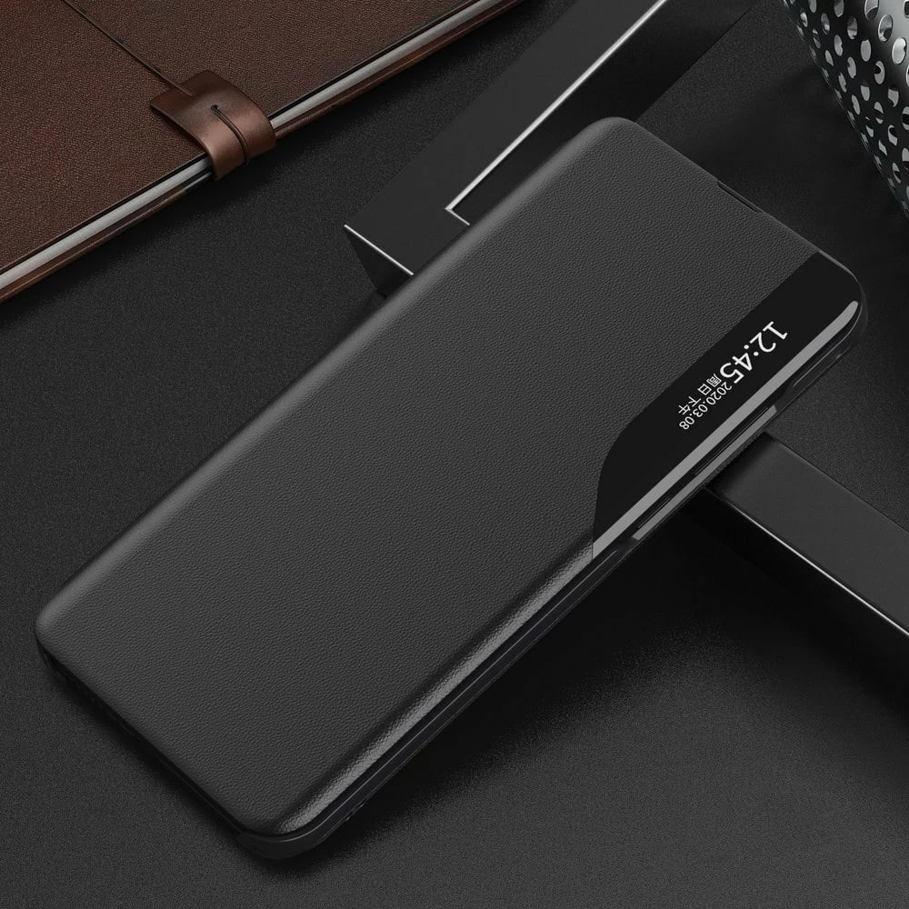 Mbështjellës Hurtel Eco Leather View Case për Samsung Galaxy A02s EU, me kapak dhe qëndrim, i zi