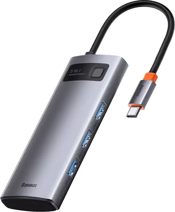 Adapter Baseus 5-në-1, WKWG020013, USB-C në 3x USB 3.0 + HDMI + USB-C PD, Gri