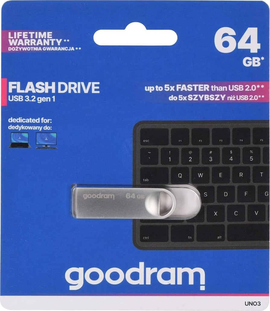 USB Flash GoodRam UNO3, 64 GB, USB Type-A 3.2 Gen 1, Argjendtë