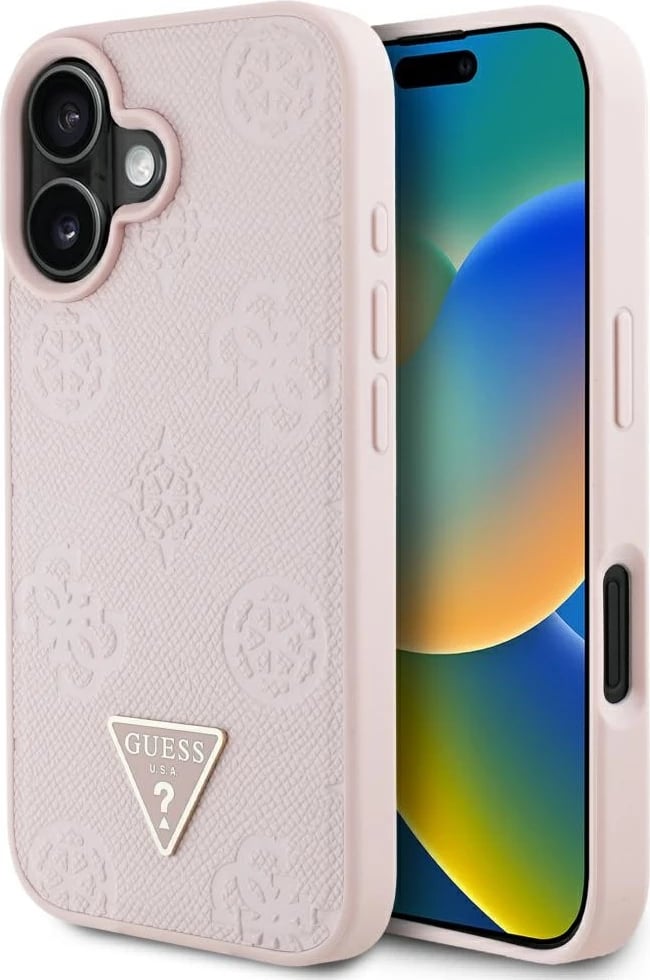 Mbështjellës Guess Grained Hot Stamp Peony Triangle Logo MagSafe për iPhone 16, Rozë