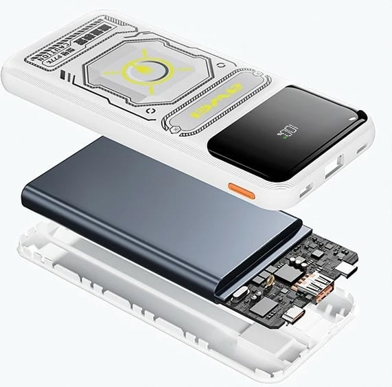 Powerbank AWEI P77K, 10000mAh, 22.5W, me kabllo të integruara Lightning dhe USB-C, e zezë